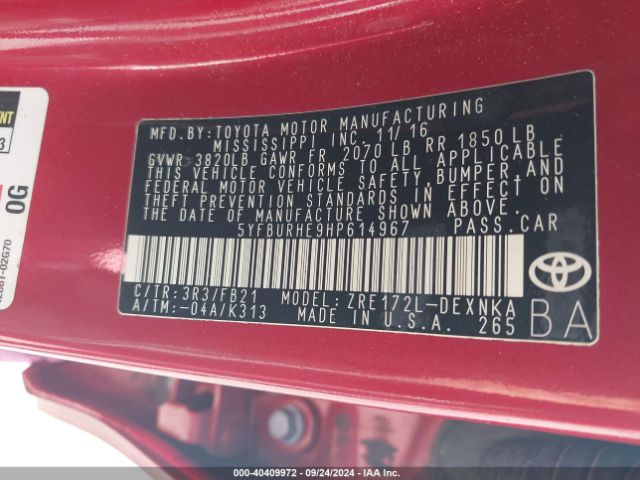 5YFBURHE9HP614967 Toyota COROLLA LE