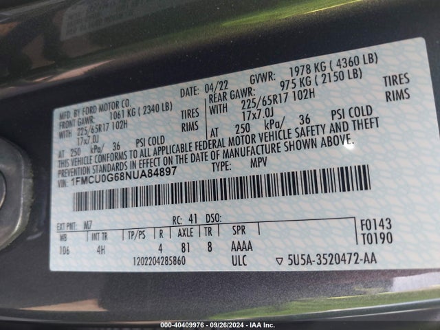 Ford ESCAPE SE 2022 1FMCU0G68NUA84897 Image 9