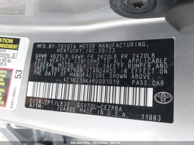 4T1KZ1AK4RU091019 Toyota Camry Xse V6