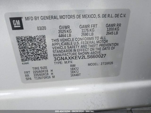 3GNAXKEV2LS660027 Chevrolet Equinox Fwd Lt 1.5l Turbo