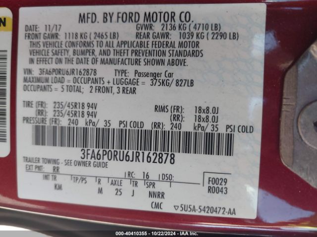 3FA6P0RU6JR162878 Ford Fusion Hybrid Titanium