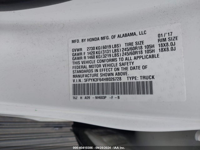Honda Ridgeline Rtl-t 2017 5FPYK3F64HB026728 Image 9