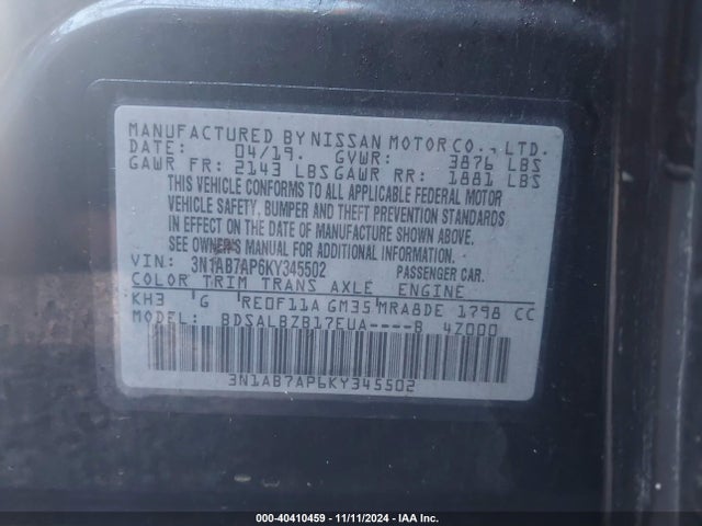 Nissan SENTRA S 2019 3N1AB7AP6KY345502 Image 9