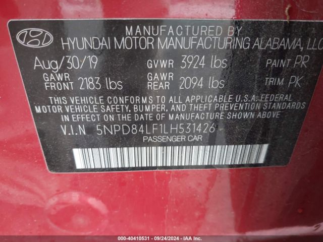5NPD84LF1LH531426 Hyundai ELANTRA SEL