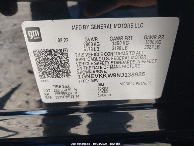 1GNEVKKW9NJ138925 Chevrolet Traverse Awd Premier