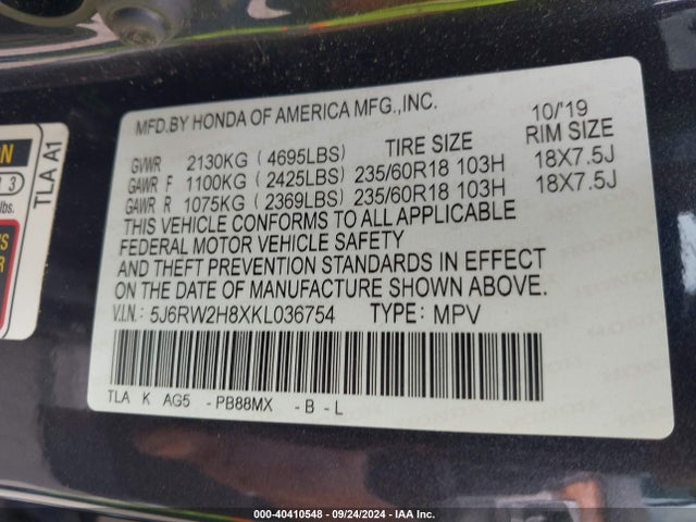 Honda Cr-v Ex-l 2019 5J6RW2H8XKL036754 Image 9