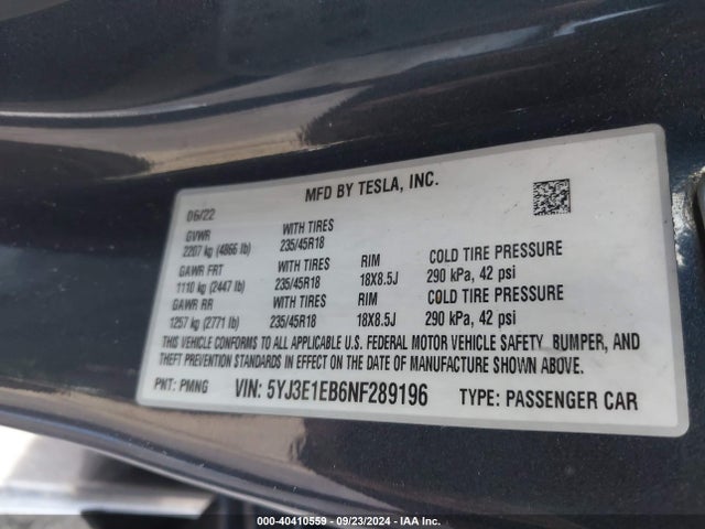 2022 TESLA MODEL 3 5YJ3E1EB6NF289196 Photo 8