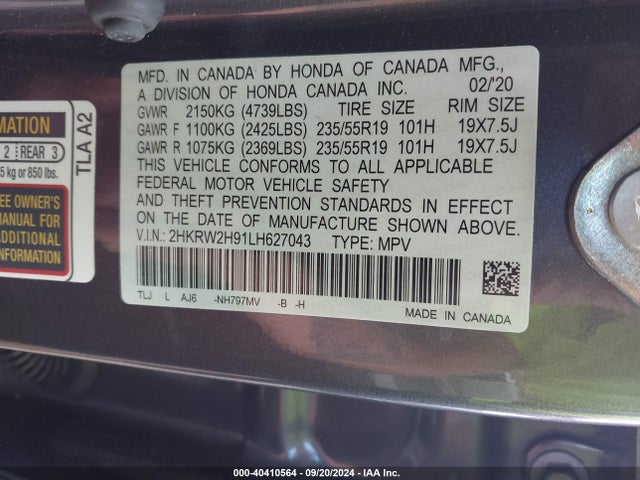 Honda Cr-v Awd Touring 2020 2HKRW2H91LH627043 Image 9