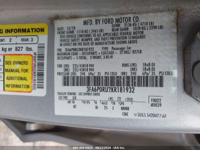 3FA6P0RU2KR181932 Ford Fusion Hybrid Titanium