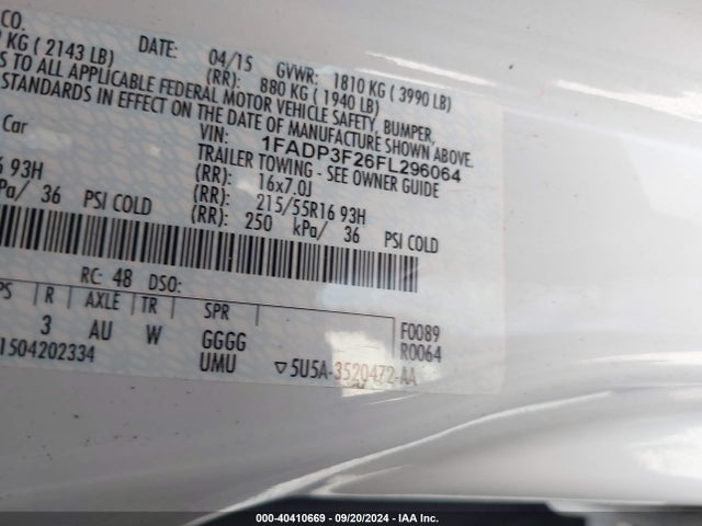 Ford FOCUS SE 2015 1FADP3F26FL296064 Image 9