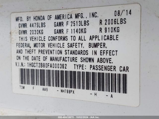 1HGCT2B80FA000362 Honda Accord Ex-l V-6