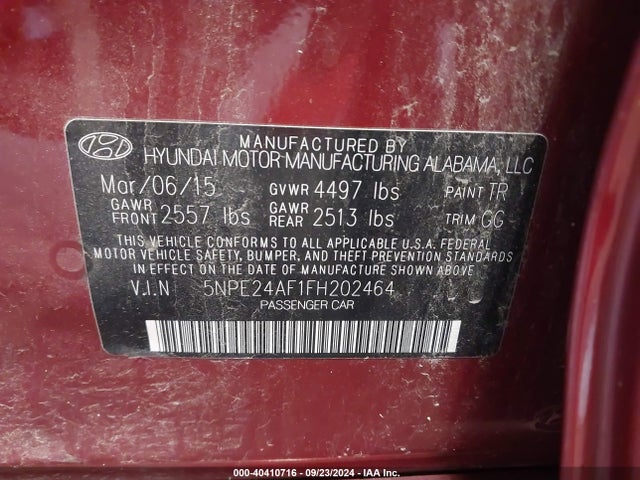 Hyundai SONATA SE 2015 5NPE24AF1FH202464 Image 9