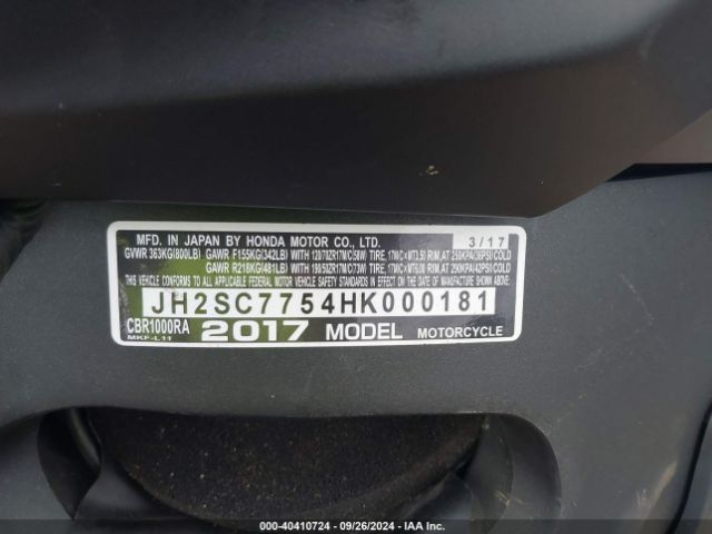 2017 HONDA CBR1000 JH2SC7754HK000181 Photo 9