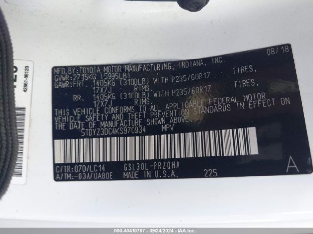 5TDYZ3DC4KS970934 Toyota Sienna Xle 8 Passenger