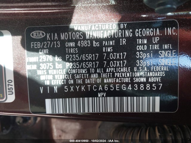 KIA SORENTO LX 2014 5XYKTCA65EG438857 Image 9