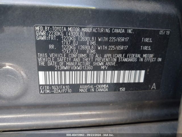 2T3RWRFV0KW013360 Toyota Rav4 Hybrid Xle