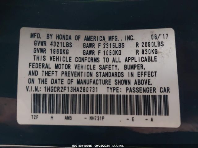 1HGCR2F13HA280731 Honda Accord Sport Se