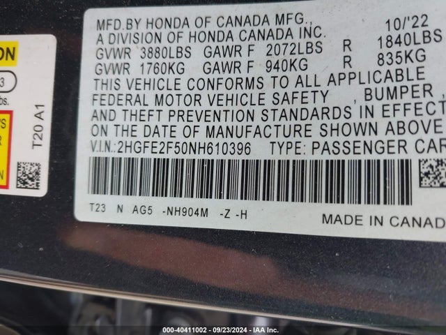 Aukcja sprzedaży 2022 Honda Civic Sport, vin: 2HGFE2F50NH610396, numer aukcji: 40411002