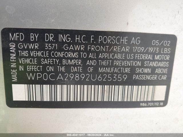 2002 PORSCHE BOXSTER WP0CA29892U625359 Photo 8