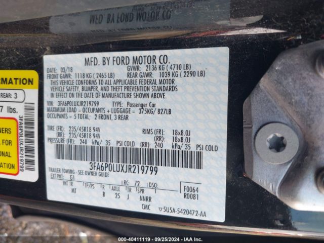 3FA6P0LUXJR219799 Ford Fusion Hybrid Se