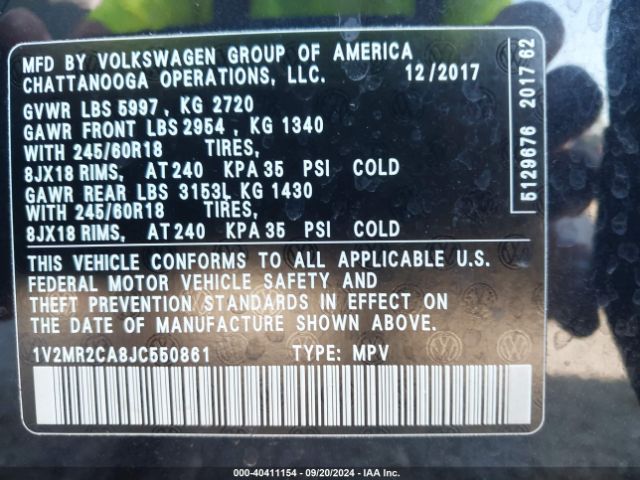 1V2MR2CA8JC550861 Volkswagen Atlas 3.6l V6 Sel