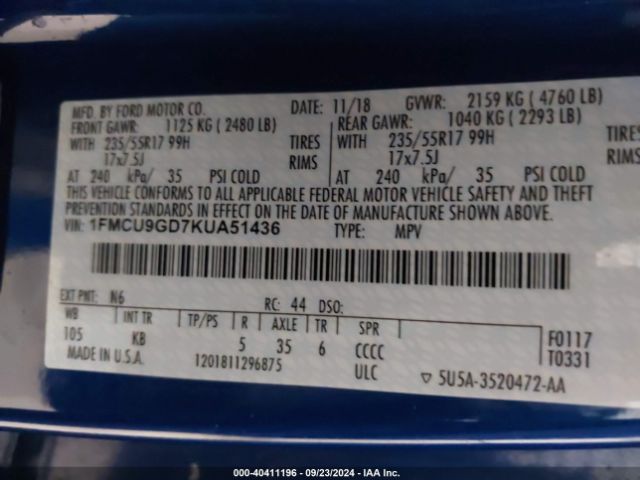 1FMCU9GD7KUA51436 Ford ESCAPE SE