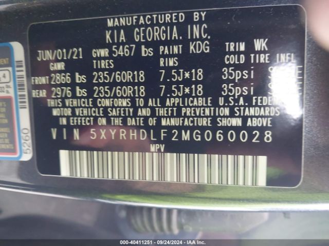 5XYRHDLF2MG060028 KIA SORENTO EX