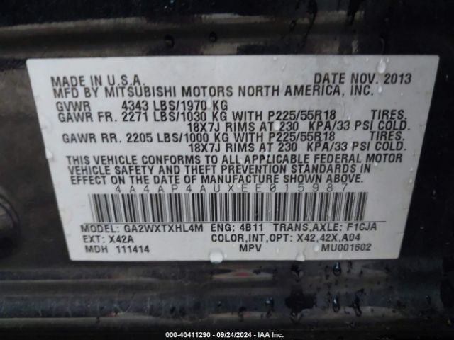 4A4AP4AUXEE015987 Mitsubishi Outlander Sport Se