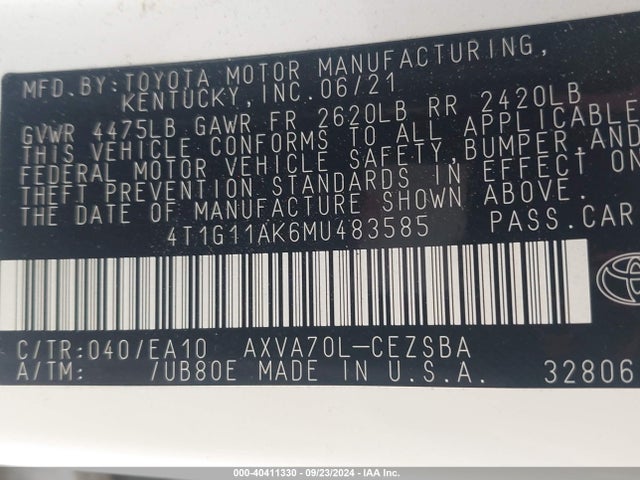 Toyota CAMRY SE 2021 4T1G11AK6MU483585 Image 9