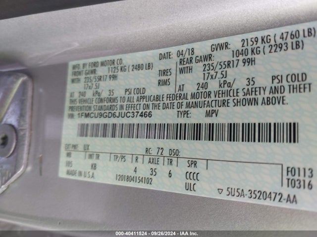 Ford ESCAPE SE 2018 1FMCU9GD6JUC37466 Image 9