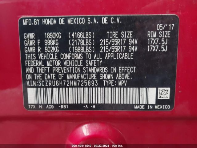 3CZRU6H72HM725893 Honda Hr-v Ex-l