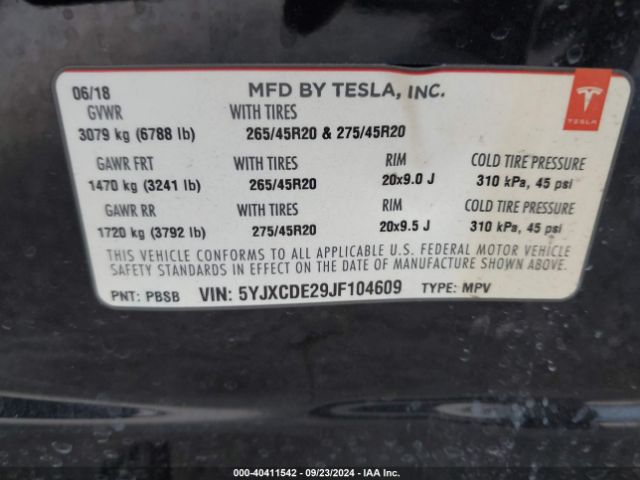 5YJXCDE29JF104609 Tesla Model X 100d/75d/p100d