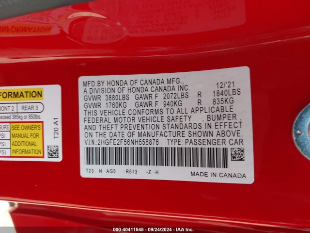 Honda Civic Sport 2022 2HGFE2F56NH556876 Image 9