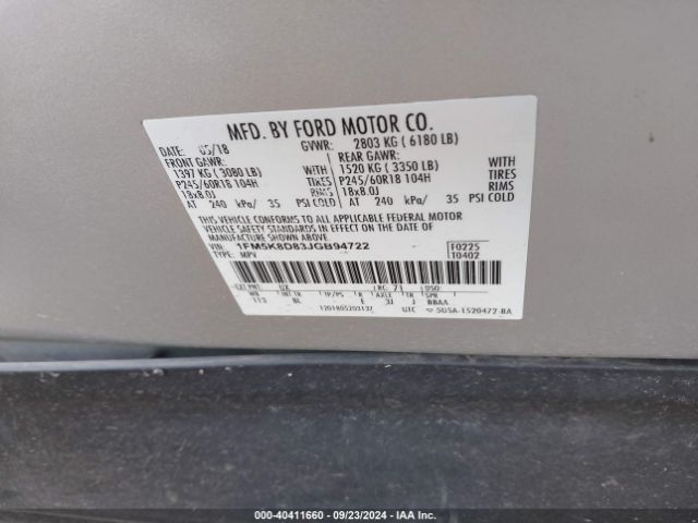 1FM5K8D83JGB94722 Ford EXPLORER XLT