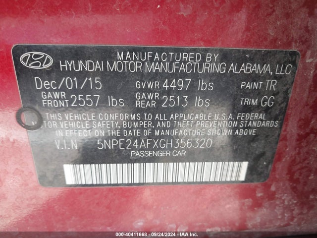 Hyundai SONATA SE 2016 5NPE24AFXGH356320 Image 9