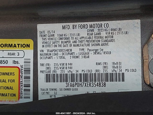 Ford FUSION SE 2014 3FA6P0H7XER354838 Image 9