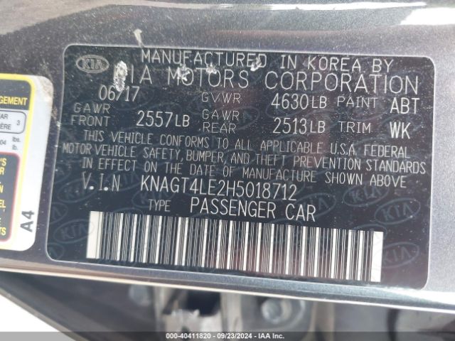 KNAGT4LE2H5018712 KIA OPTIMA HYBRID