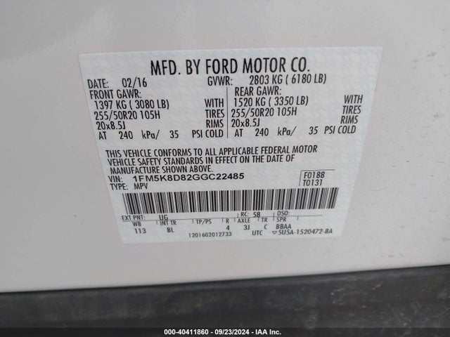 Ford EXPLORER XLT 2016 1FM5K8D82GGC22485 Image 9