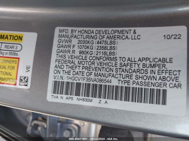 1HGCV1F35NA086544 Honda Accord Sport