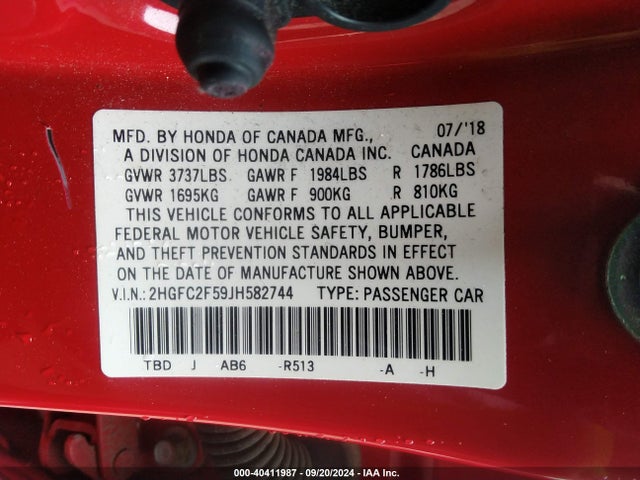 Honda Civic Lx 2018 2HGFC2F59JH582744 Image 9