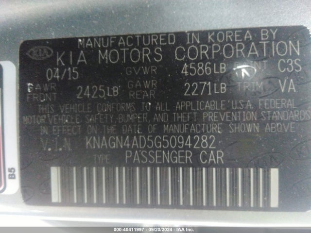 KNAGN4AD5G5094282 KIA Optima Hybrid Ex