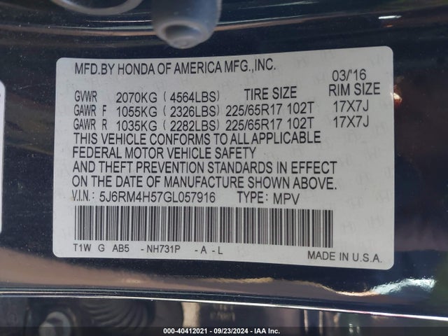 Honda CR-V EX 2016 5J6RM4H57GL057916 Image 9