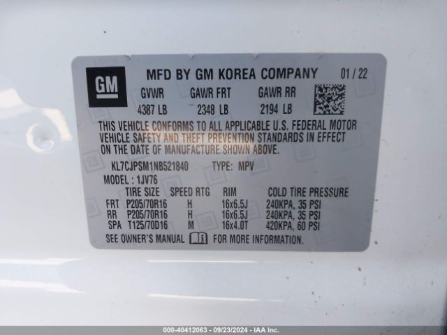 KL7CJPSM1NB521840 Chevrolet Trax Awd Lt