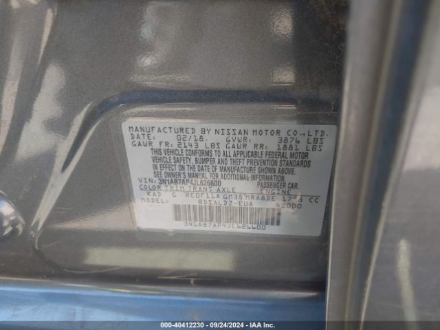 3N1AB7AP4JL626600 Nissan SENTRA SV