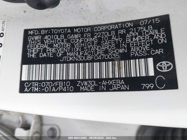 Toyota Prius Three 2015 JTDKN3DU8F0470035 Image 9