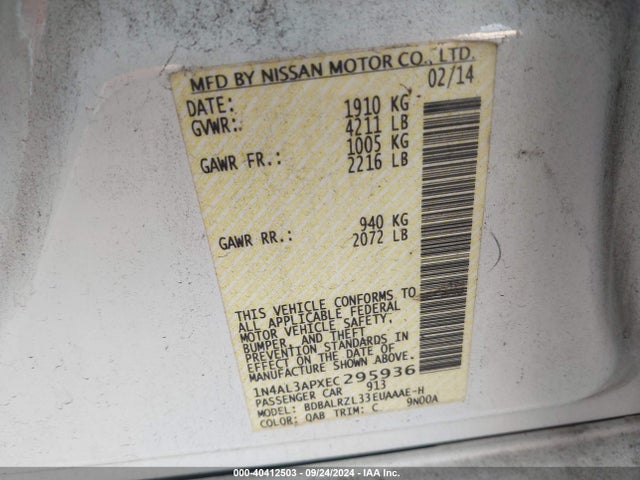 Nissan Altima 2.5 S 2014 1N4AL3APXEC295936 Image 9