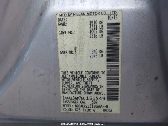 Nissan Altima 2.5 S 2014 1N4AL3AP7EC151549 Image 9