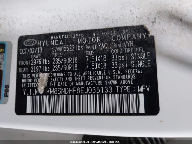 KM8SNDHF8EU035133 Hyundai Santa Fe Limited