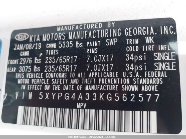5XYPG4A33KG562577 KIA Sorento 2.4l Lx
