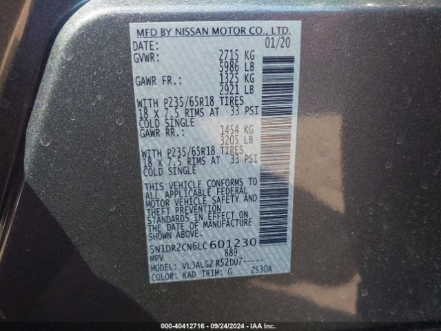 5N1DR2CN6LC601230 Nissan Pathfinder Sl 2wd